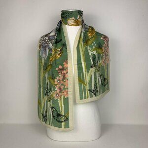 Floral Luxe: Elegant Green Silk Scarf with Butterflies - Lightweight & Chic